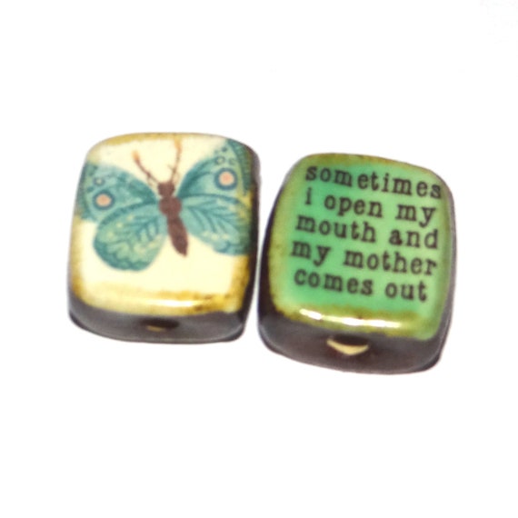 1 Ceramic Double Sided Quote Bead Porcelain Handmade  25mm PP2-3