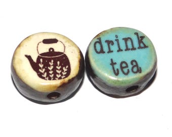 1 Ceramic Tea Double Sided Quote Bead Porcelain Handmade 15mm BB4-3