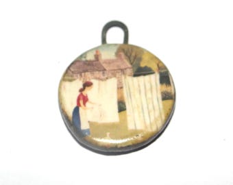Ceramic Hanging The Washing Garden Charm Pendant Porcelain Handmade 27mm CC9-4