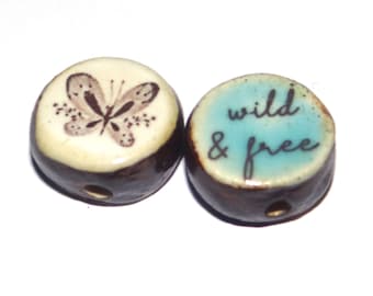 1 Ceramic Double Sided Quote Bead Porcelain Handmade 18mm PP7-4