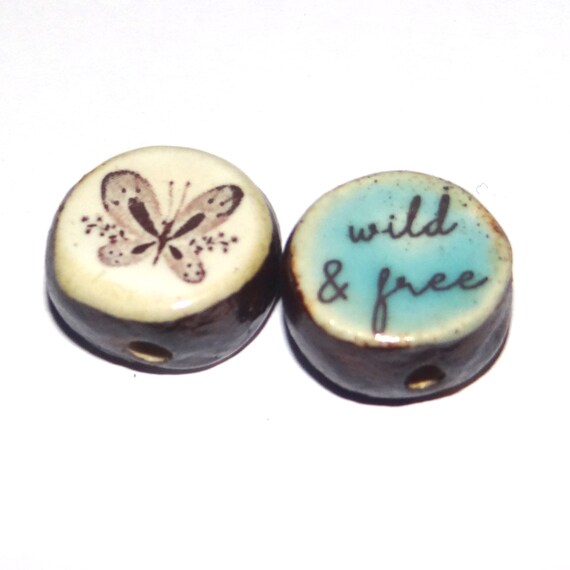 1 Ceramic Double Sided Quote Bead Porcelain Handmade 18mm PP7-4