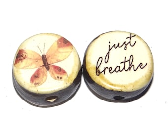 1 Ceramic Butterfly Bead Two Sided Quote Beads Porcelain Handmade  20mm PP8-2