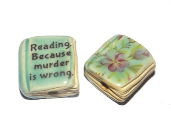 Ceramic Book Bead Focal Handmade Rustic Floral Quote Word Sculpture Porcelain 22mm