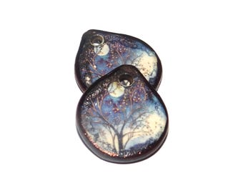 Ceramic Tree Moon Charms Earring Bead Pair 19mm CC5-4