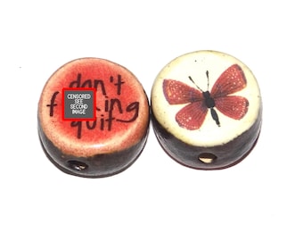 1 Ceramic Double Sided Quote Bead Porcelain Handmade Adult 19mm BB4-1