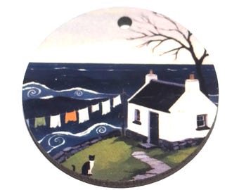 Wooden Two Sided Scottish House Sea Pendant Porcelain Handmade 30mm MM9-2