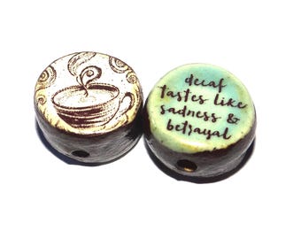 1 Ceramic Double Sided Quote Bead Porcelain Handmade 15mm BB7-4