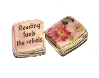 Ceramic Book Bead Focal Handmade Rustic Floral Quote Word Sculpture Porcelain 22mm