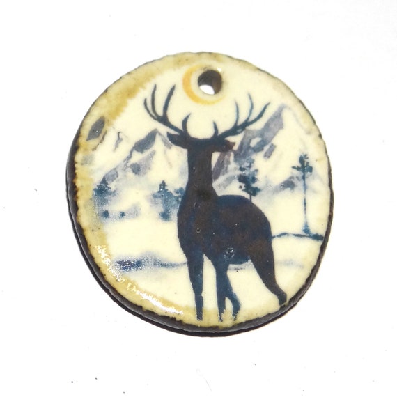 Ceramic Deer Pendant Handmade Focal Porcelain 30mm CC5-1