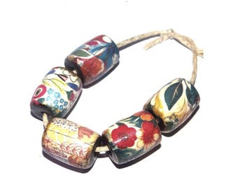 Ceramic Floral Bead Set Handmade Porcelain 13mm
