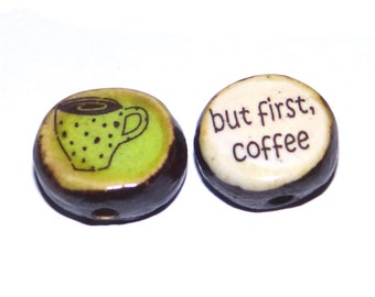1 Ceramic Double Sided Quote Bead Porcelain Handmade 18mm PP6-2