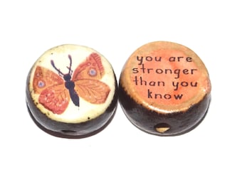 1 Ceramic Two Sided Quote Bead Butterfly Porcelain Handmade  16-18mm BB4-2