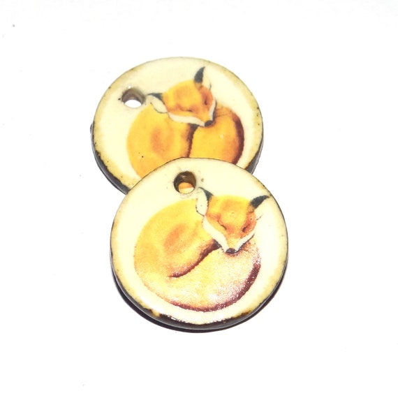 Ceramic Fox Earring Charms Pair Beads Handmade Rustic 18mm/0.7" P1-1