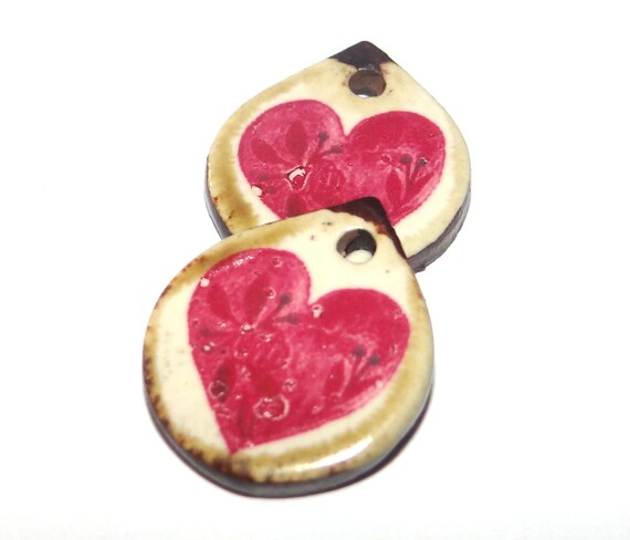 Ceramic Heart Earring Charms Pair Beads Handmade Rustic 20mm/0.8" PP2-4
