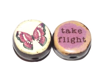 1 Ceramic Two Sided Quote Bead Butterfly Porcelain Handmade  16-18mm BB4-2