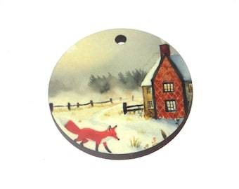 Wooden Two Sided Winter Fox Pendant Handmade 30mm MM7-1