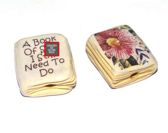 Ceramic Book Bead Focal Handmade Rustic Floral Quote Word Sculpture Porcelain 22mm BB9-3