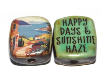 1 Ceramic Holiday Bead Two Sided Quote Beads Porcelain Handmade  20mm