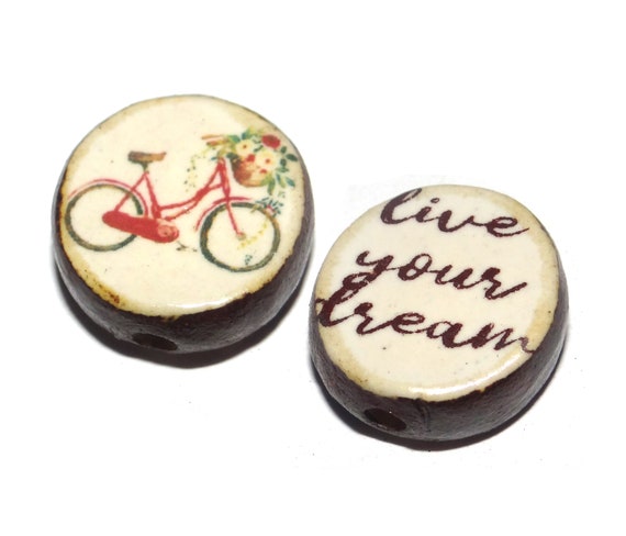 1 Ceramic Double Sided Quote Bead Porcelain Handmade 25mm 1" Bicycle PP4-1
