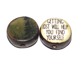 1 Ceramic Two Sided Quote Bead Porcelain Handmade  20mm PP5-1