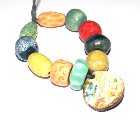 Ceramic Textured Patterned Bead Set Beads Handmade 10-15mm