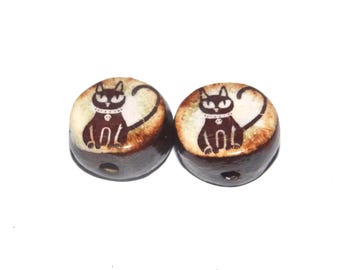 Ceramic Cat Beads Pair Porcelain 15mm CC10-2