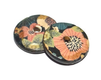 Ceramic Floral Patterned Disk Charms Beads Pair Porcelain 15mm PP2-1