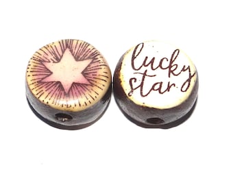 1 Ceramic Star Double Sided Quote Bead Porcelain Handmade 13mm BB3-4