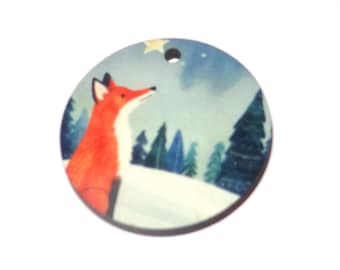 Wooden Two Sided Fox Winter Snow Pendant Handmade 30mm MM7-1