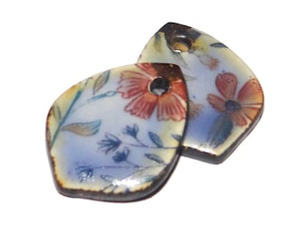 Ceramic Floral Earring Charms Pair Beads Handmade Rustic 25mm CC2-1