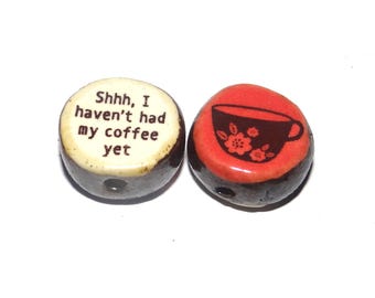1 Ceramic Coffee Double Sided Quote Bead Porcelain Handmade 13mm BB6-3