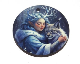 Wooden Two Sided Mother Nature Lynx Pendant Handmade 30mm MM10-1