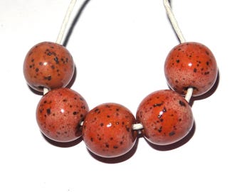 Ceramic Papaya Speckled Bead Set Handmade 13mm