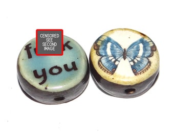 1 Ceramic Two Sided Quote Bead Porcelain Handmade  20mm PP5-1