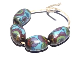 Ceramic Floral Bead Set Handmade Porcelain 15mm