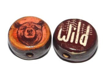 1 Ceramic Wild Bear Double Sided Quote Bead Porcelain Handmade 15mm BB4-1