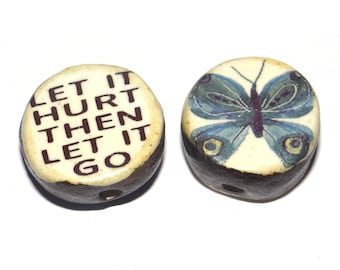1 Ceramic Butterfly Bead Two Sided Quote Beads Porcelain Handmade  20mm