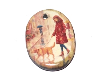 Ceramic Dog Walk Pendant Handmade Focal Porcelain 30mm CC4-2