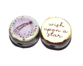 1 Ceramic Star Double Sided Quote Bead Handmade 13mm BB4-3