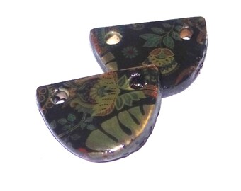 Ceramic Floral Patterned Rustic Charms Beads Pair Porcelain 15mm PP2-4
