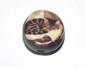 Ceramic Sleeping Cat Focal Bead Handmade Pottery Beads 16mm PP4-2