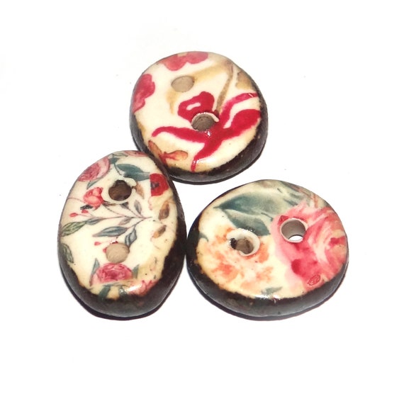 Ceramic Floral Patterned Buttons Porcelain Handmade Unique Rustic 15mm CC8-2