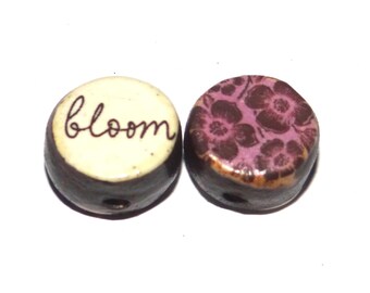 1 Ceramic Bloom Double Sided Quote Bead Handmade 13mm BB3-3