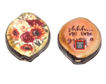 1 Ceramic Double Sided Quote Bead Porcelain Handmade  30mm PP8-3