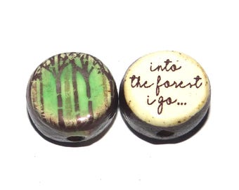 1 Ceramic Forest Double Sided Quote Bead Porcelain Handmade 13mm BB4-4