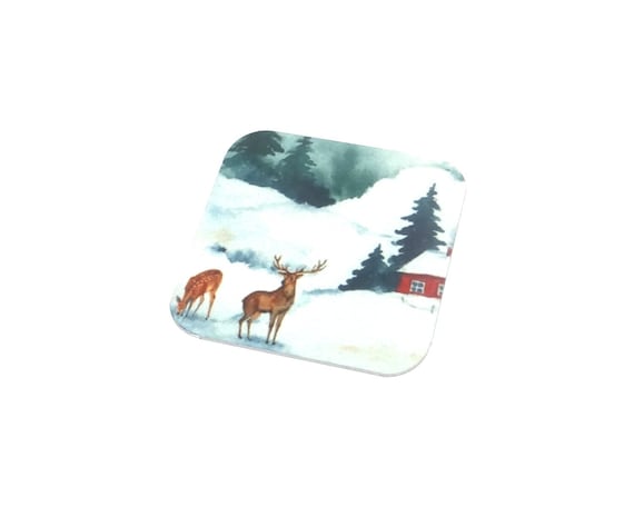 Faux Tin Winter Deer Scene Charm Pendant Handmade 25mm 1" Square MSQ4-1