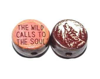 1 Ceramic Wolf Double Sided Quote Bead Handmade 13mm BB4-3