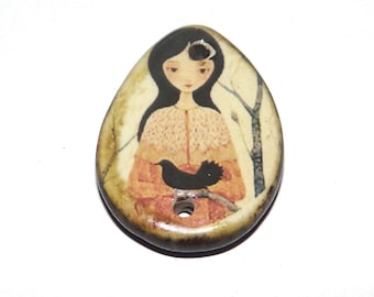 Ceramic Girl & Bird Pendant Handmade Focal Porcelain 32mm CC4-2