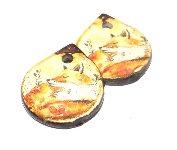 Ceramic Fox Earring Charms Pair Beads Handmade Rustic 18mm/0.7" CC1-1
