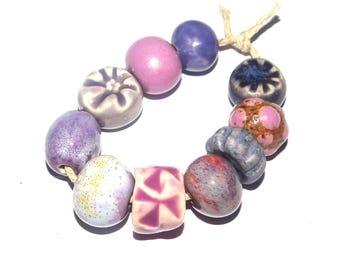 Ceramic Bead Set Textured Glazed Pottery Clay Handmade 8-15mm